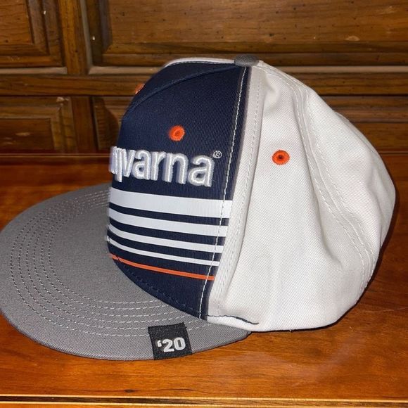 Husqvarna Logo Trucker Hat Blue White Orange Stripe Ball Cap Back Men - Picture 2 of 6